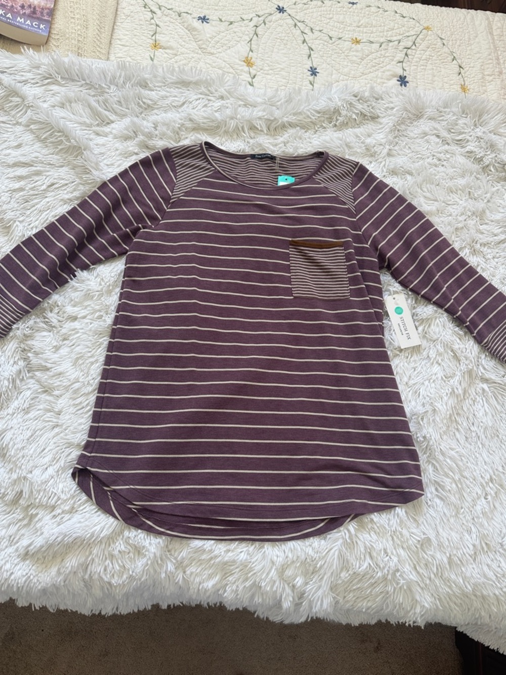 Striped 3/4 sleeve Pocket Top - Plum